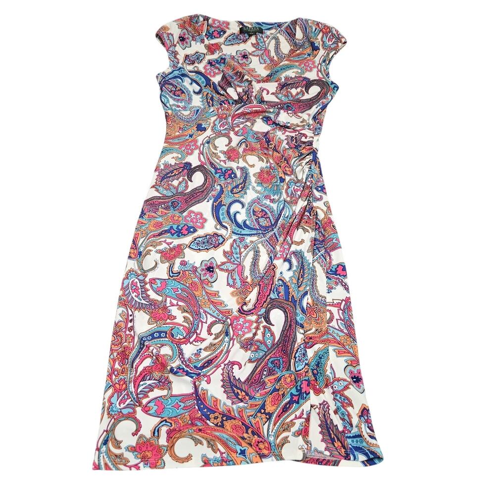 Lauren Ralph Lauren Paisley Sheath Dress Size 6 Ruched Knee‎ Length Colorful